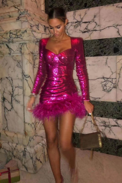 Vestido Largo de Manga Larga con Plumas de Avestruz y Lentejuelas - Image 2
