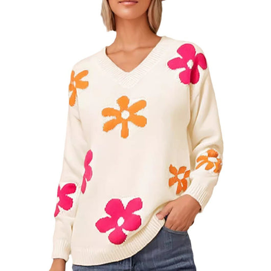 Blusa Casual de Punto con Cuello V y Mangas Largas Estampado Floral - Image 6