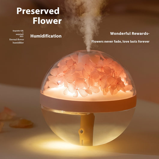Pink round mini humidifier with clear dome, decorative pink flowers, and a light-up base, ideal for desktop or bedroom.