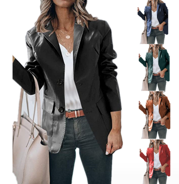 Abrigo de Cuero Sintético para Mujer con Solapa Simple