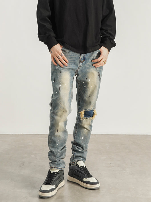 Jeans Slim Fit con Detalles de Tinta Salpicada y Parches Rotos - Image 7