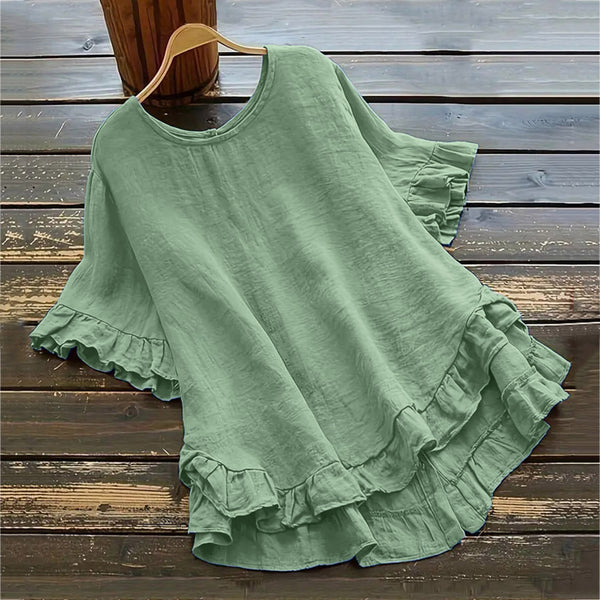 Blusa Holgada de Algodón y Lino con Volantes en Ruedo