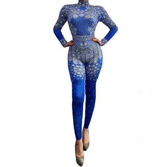 Jumpsuit Largo Azul con Estampado de Diamantes para Mujer