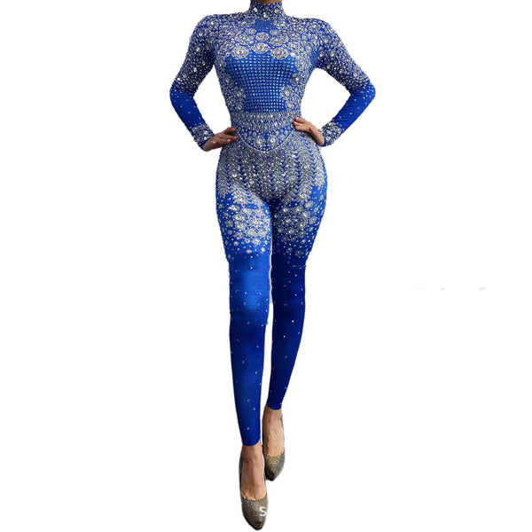 Jumpsuit Largo Azul con Estampado de Diamantes para Mujer