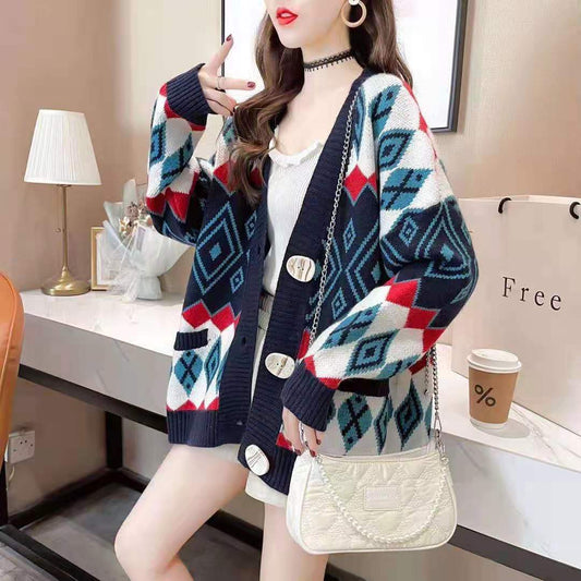 Cardigan Tejido Jacquard Suelta y Cómoda con Cuello en V