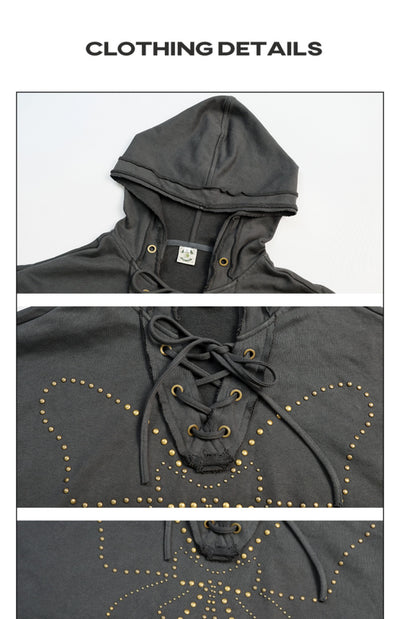Sudadera Retro con Capucha Mujer - Cuello V Cordones y Remaches - Image 10