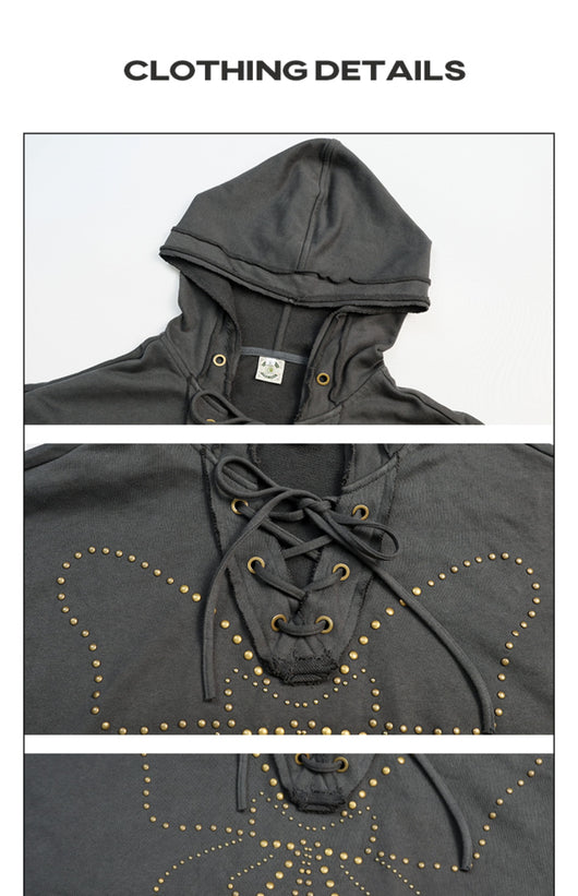 Sudadera Retro con Capucha Mujer - Cuello V Cordones y Remaches - Image 10