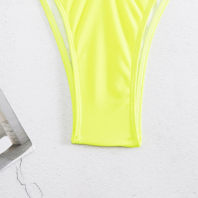 Neon yellow women's bikini with 3D floral details on the triangle top and a high-cut bottom. - Image 10