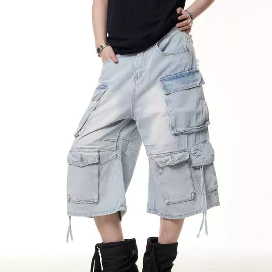 Pantalones Cortos Cargo Denim Retro Multibolsillos para Mujer - Verano Suelto Efecto Lavado - Image 2