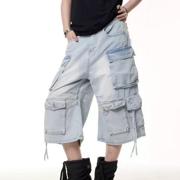 Pantalones Cortos Cargo Denim Retro Multibolsillos para Mujer - Verano Suelto Efecto Lavado