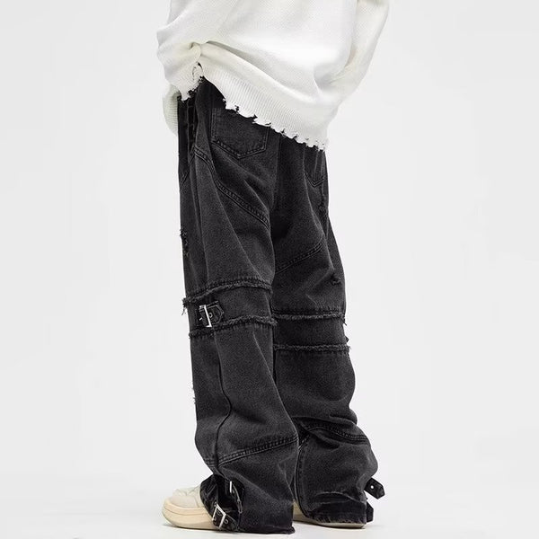 Pantalones Vaqueros Vintage Rectos con Cierre y Cordones Desgastados
