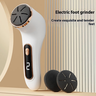 Ivory white electric foot grinder with digital display, power button, and three interchangeable grinding heads. - Image 2