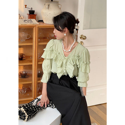 Blusa Crop Top con Volantes y Cuello en V - Image 9