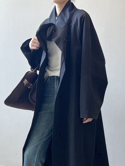 Abrigo Trinchera Largo Mujer Cuello Alzado Oversized Abotonado Simple - Image 34