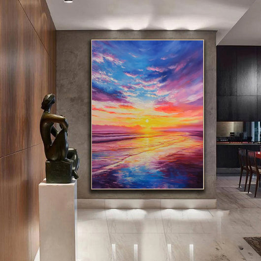 Cuadro Óleo Boho Moderno Atardecer Marina Texturizado Pintado a Mano para Sala