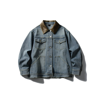 Chaqueta Denim Retro con Bolsillos Múltiples y Solapas en Contraste para Mujer