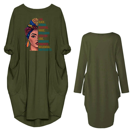 Vestido Tejido Suelto Talla Grande con Bolsillos Estampados