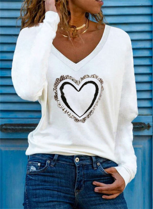 Blusa Básica Mujer con Estampado de Corazones, Cuello V y Mangas Largas - Image 4