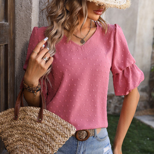 Blusa Elegante de Gasa con Cuello en V y Mangas Abullonadas