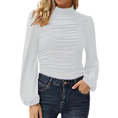 Blusa Manga Linterna Cuello Alto Colores Sólidos para Mujer - Image 9