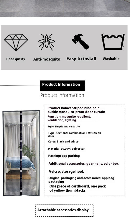Black magnetic mosquito-proof curtain installed in a white doorway, with a puppy sitting in front of it. - Image 15