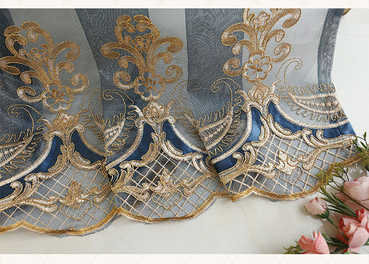 Blue sheer curtain with intricate gold and dark blue embroidery in a European classical style, draped over a window. - Image 28
