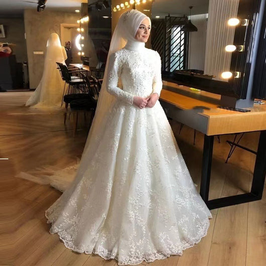 Vestido de Novia Blanco Manga Larga Elegante