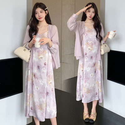 Conjunto Dos Piezas: Vestido Slip Estampado Morado con Cardigan Suave - Image 4