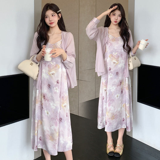 Conjunto Dos Piezas: Vestido Slip Estampado Morado con Cardigan Suave - Image 4