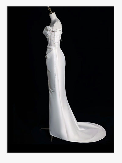 Vestido de Fiesta Satinado Hombros Descubiertos con Perlas - Image 17