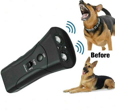 Black handheld ultrasonic dog repeller and trainer with a flashlight, featuring a slider switch and activation button. - Image 4