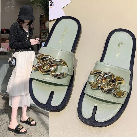 Sandalias Metalizadas con Cadena - Comodidad Desenfadada para Mujer