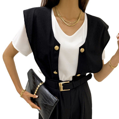 Camisa Suelta Doble Botonadura con Chal Contrastante Desmontable - Image 9