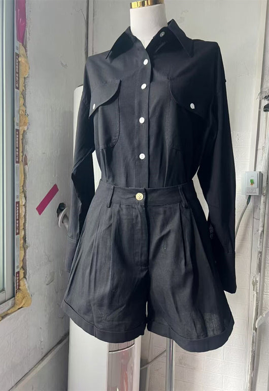 Conjunto de Lino y Algodón: Blusa Suelta de Manga Larga + Short de Cintura Alta - Image 12