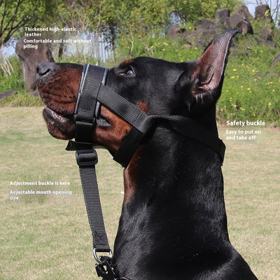 Black and brown leather and nylon dog muzzle with adjustable straps and a D-ring, shown with a size chart. - Image 2