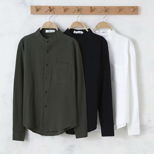 Camisa de Lino Suelta Manga Larga Cuello Redondo para Hombre