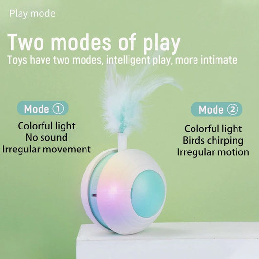 Electric pet toy ball with white and blue design, featuring a flexible arm with a blue feather teaser and a detachable feather. - Image 4