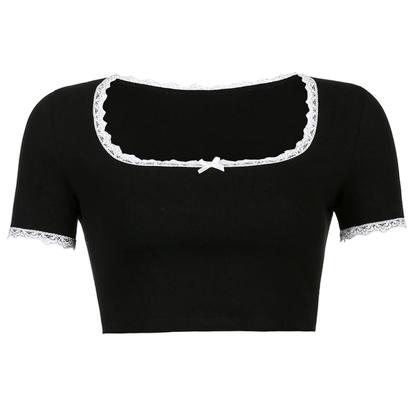 Blusa de Encaje con Escote Cuadrado y Lazo Frontal