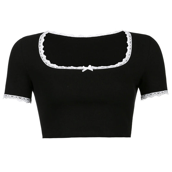 Blusa de Encaje con Escote Cuadrado y Lazo Frontal