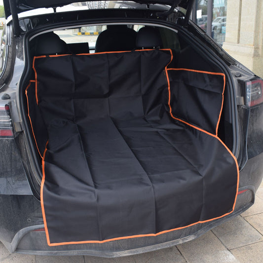 Black dog car mat covering the trunk and rear seat of a grey SUV, with a German Shepherd lying on it. - Image 2