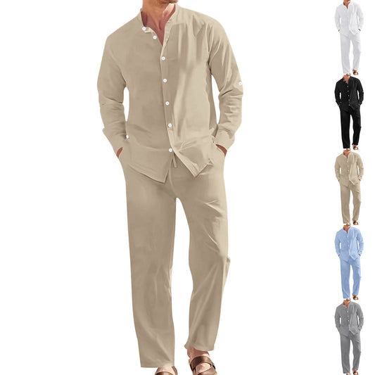 Conjunto de Camisa de Lino con Cuello Mao y Pantalón Holgado para Hombre - Image 2