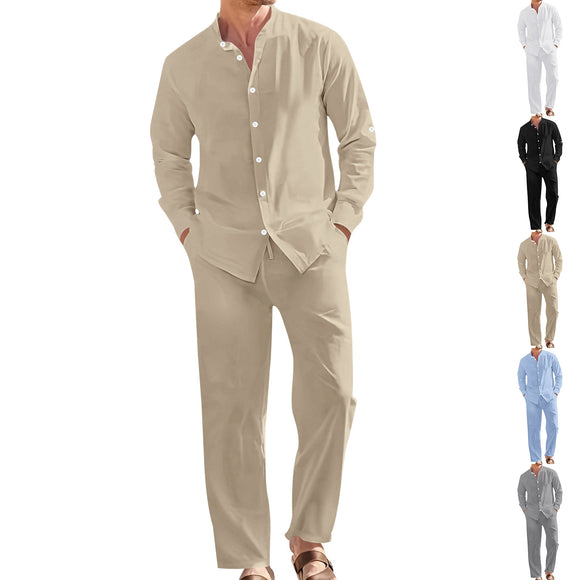 Conjunto de Camisa de Lino con Cuello Mao y Pantalón Holgado para Hombre