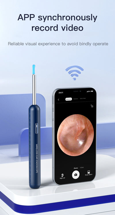 Blue wireless ear endoscope with camera, displaying an ear canal view on a smartphone, with various silicone ear spoon heads, charging cable, and storage jar. - Image 11
