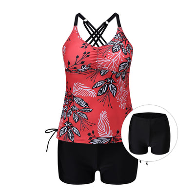 Fuchsia pink tankini swimsuit for women featuring a pleated halter top and matching swim shorts, modeled on a beach. - Image 31