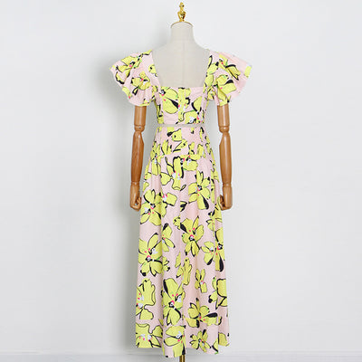 Conjunto Estampado: Blusa Corta Cuello Cuadrado con Volantes y Falda Larga Drapeada - Image 2