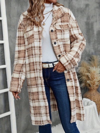 Abrigo Largo Tipo Plaid Impreso para Mujer con Doble Forro Plush y Bolsillos Laterales - Image 7