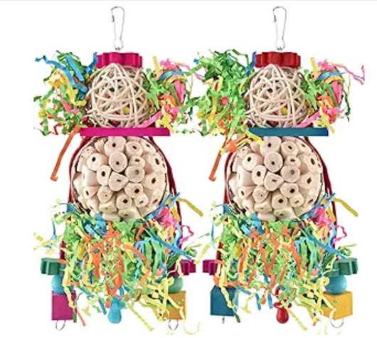 Colorful parrot toy with a woven straw ball, wooden beads, and shredded paper, designed for chewing and entertainment. - Image 6