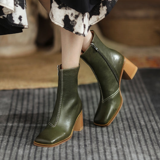 Botas Retro de Tacón Chunky y Punta Cuadrada en Piel de Cordero para Mujer - Image 7