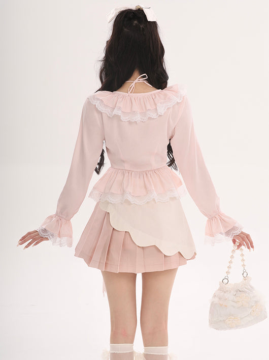 Blusa con Encaje Volantes y Falda Plisada Pétalos - Image 3