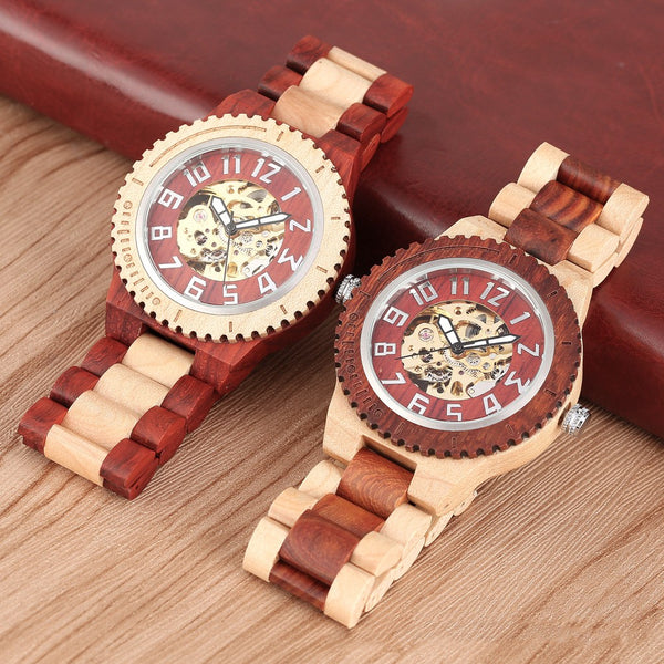 Reloj Automático de Madera Bambú con Mecanismo de Engranajes Creativos